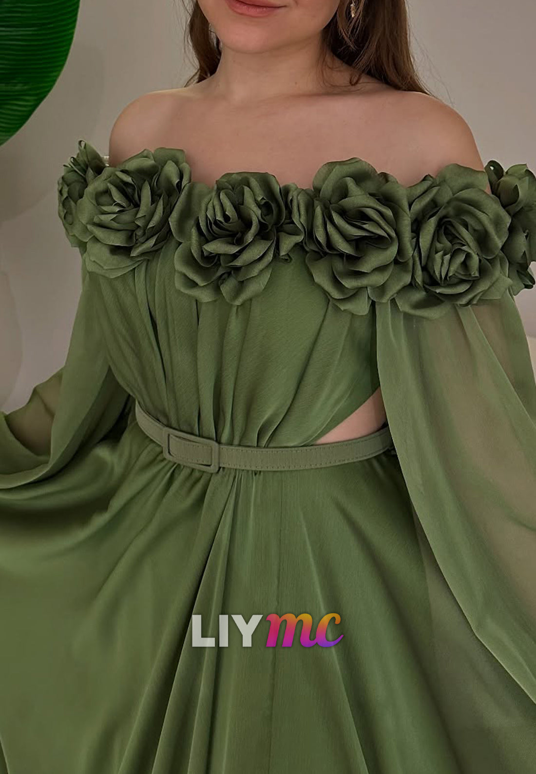 Off-Shoulder Long Sleeves 3D Floral A-Line Evening Dress