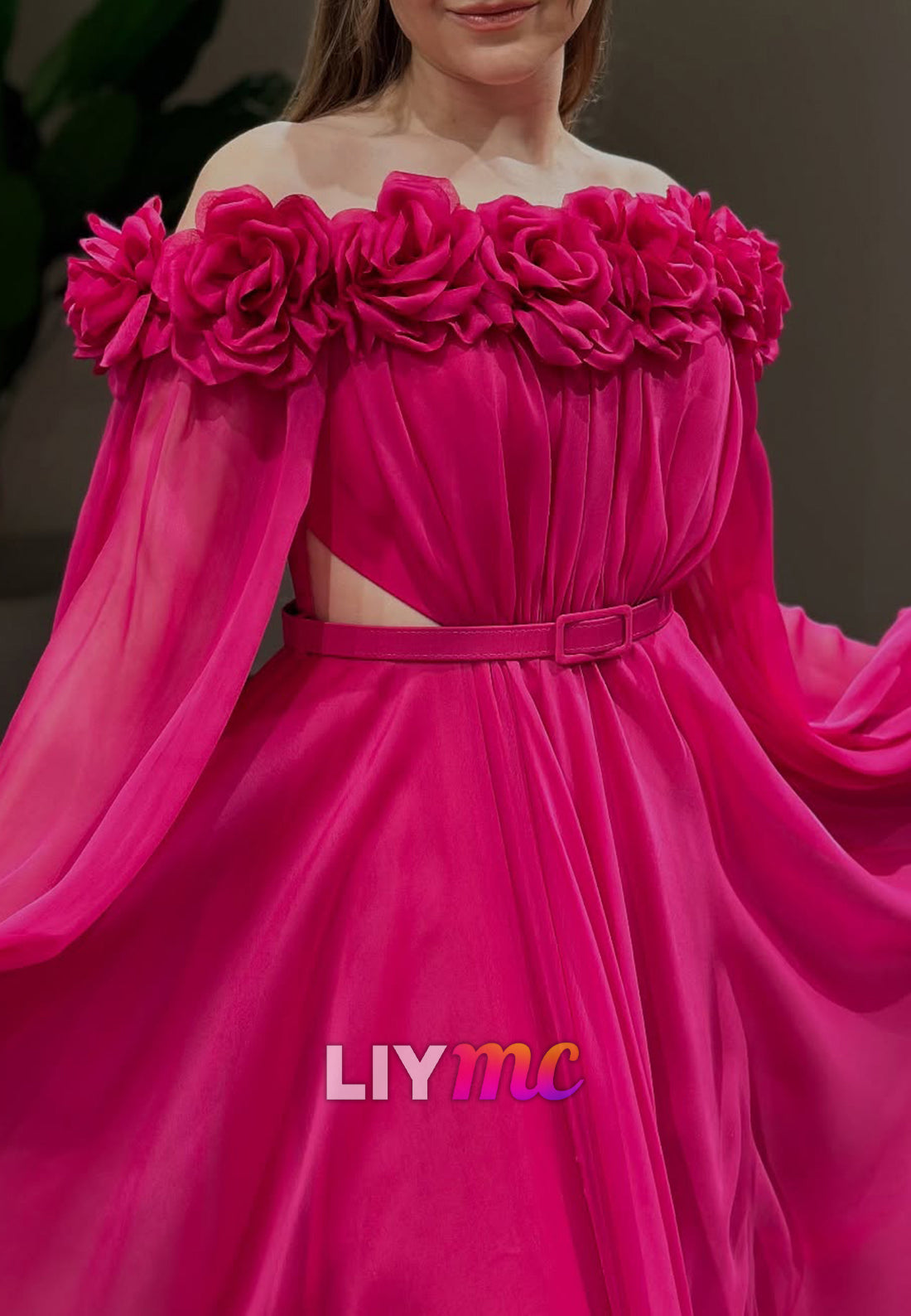 Off-Shoulder Long Sleeves 3D Floral A-Line Evening Dress