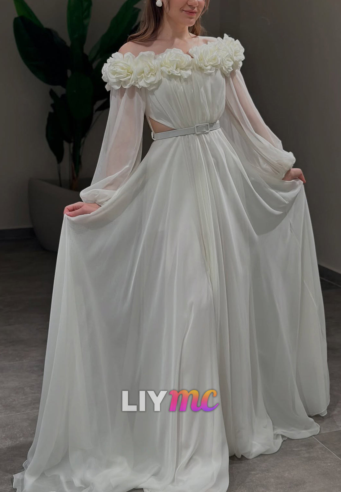 Off-Shoulder Long Sleeves 3D Floral A-Line Evening Dress