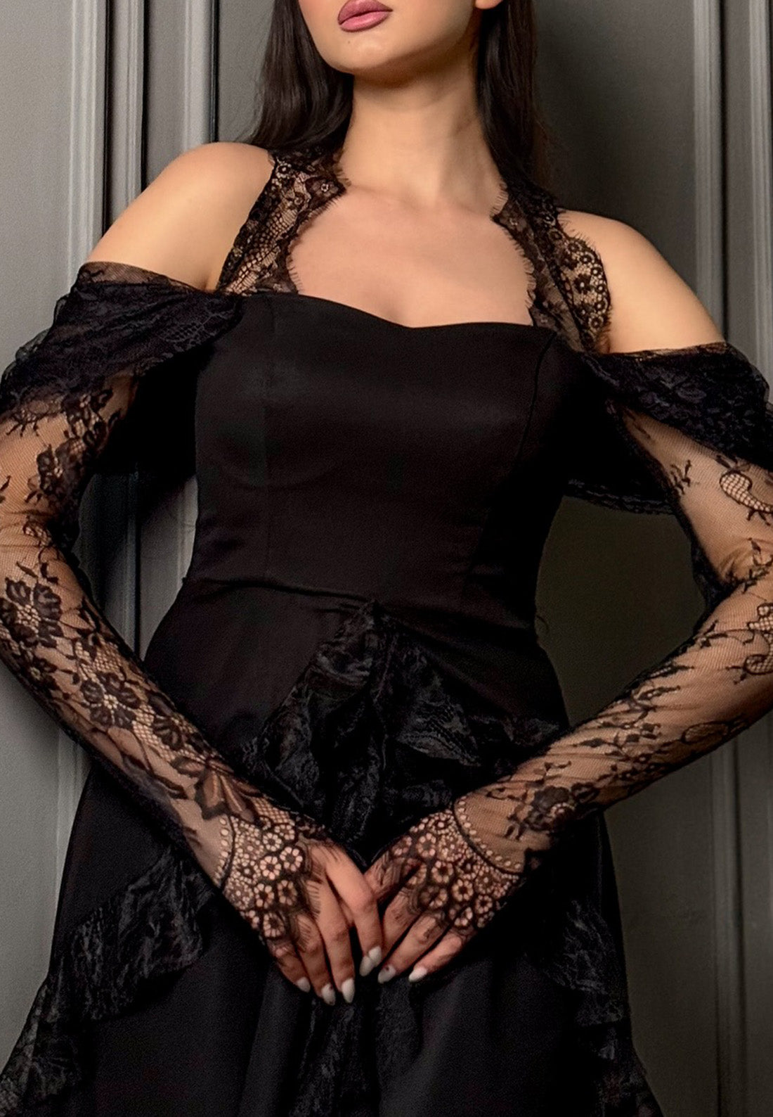 Off-Shoulder Long Sleeves Appliques A-Line Evening Dress