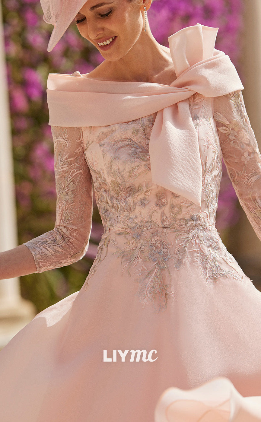 M1214 - Off-Shoulder Long Sleeves Appliques A-Line Pleated Mother of Bride Dress Cocktail Dress