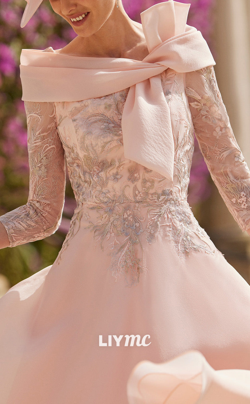 M1304 - Off-Shoulder Long Sleeves Appliques A-Line Pleated Mother of Bride Dress Cocktail Dress