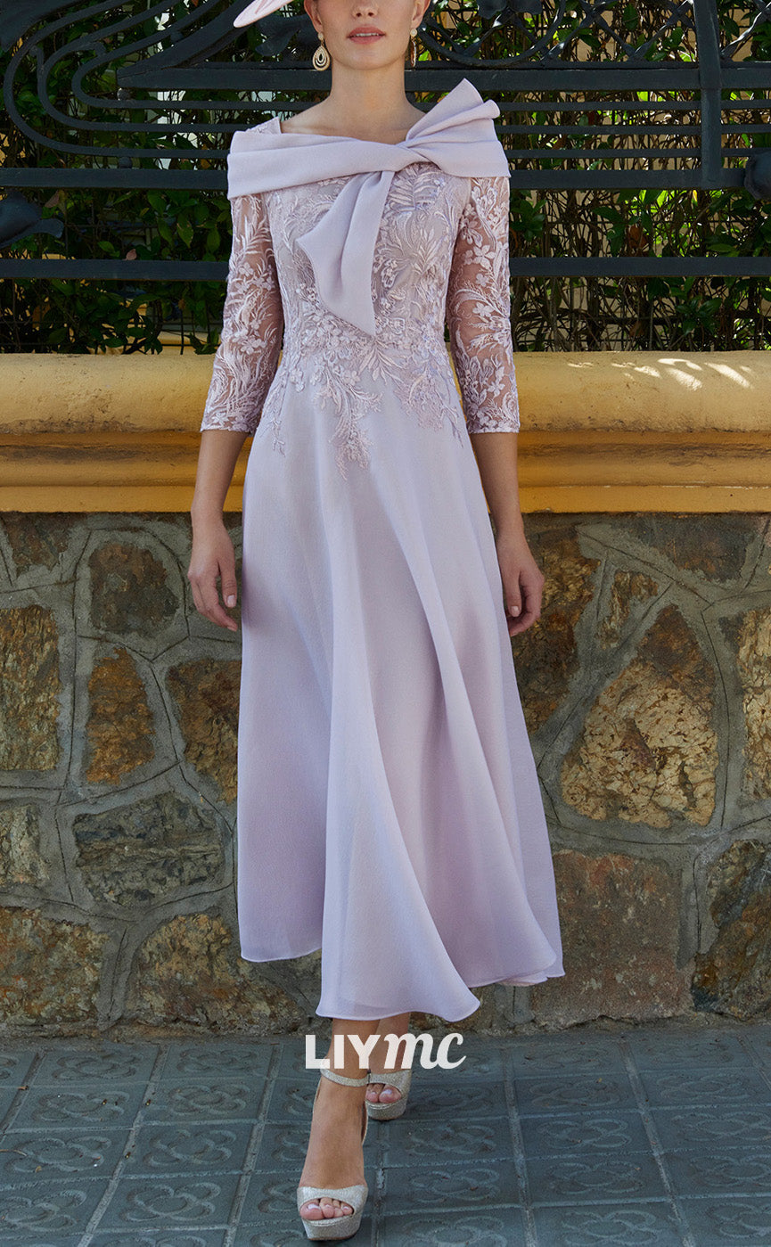 M1214 - Off-Shoulder Long Sleeves Appliques A-Line Pleated Mother of Bride Dress Cocktail Dress