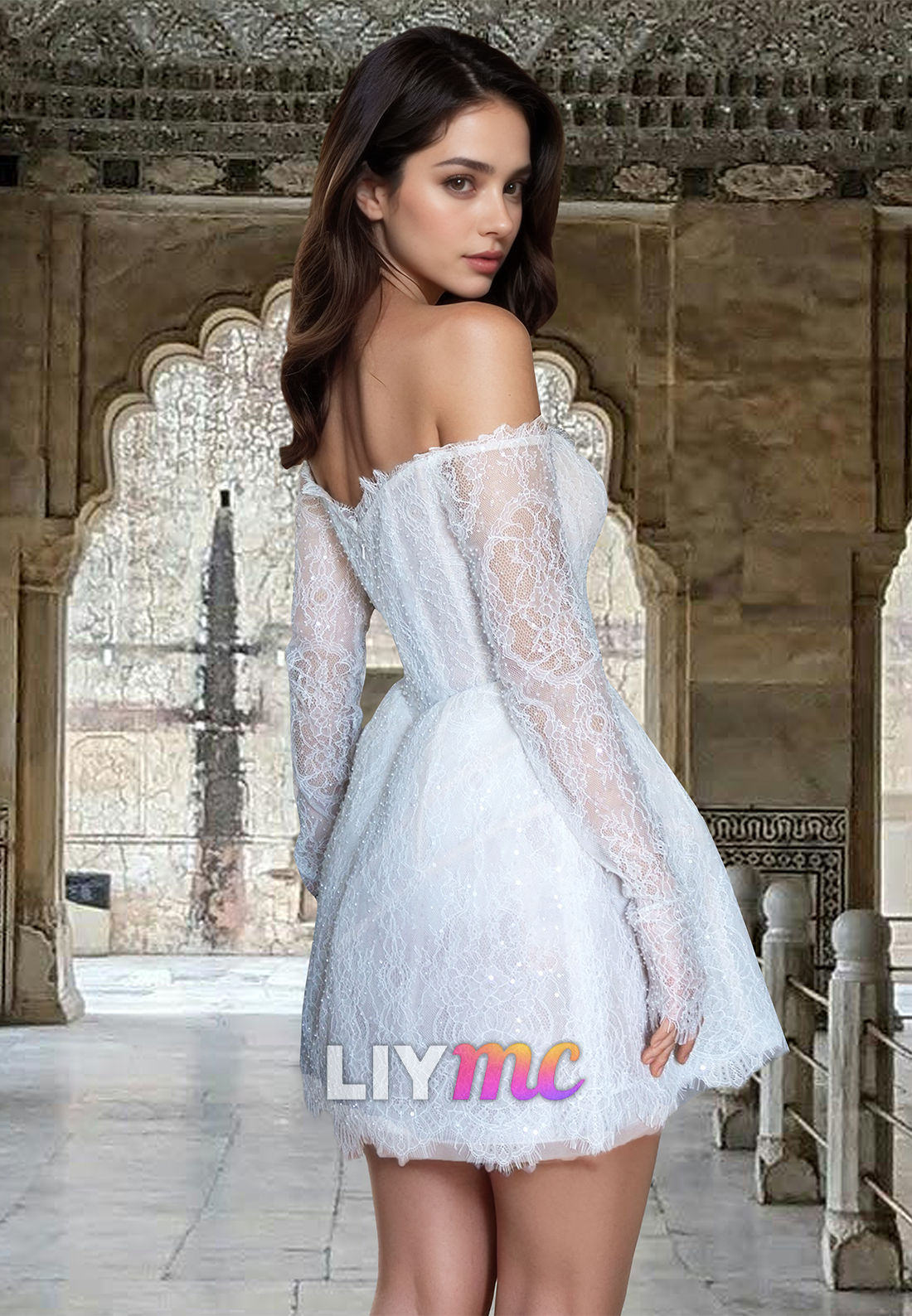 Off-Shoulder Long Sleeves Appliques A-Line Short Beach Wedding Dress