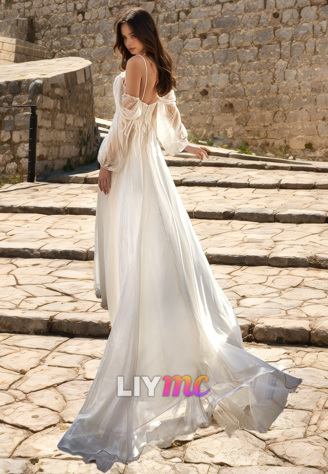 Off-Shoulder Long Sleeves Appliques High Slit Pleated A-Line Wedding Dress