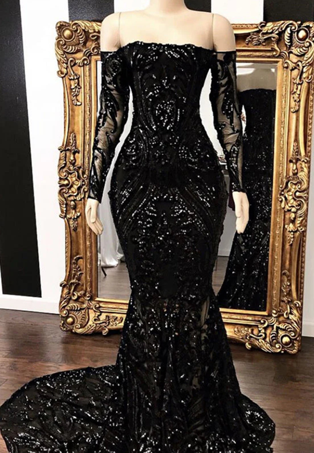 Off-Shoulder Long Sleeves Appliques Mermaid Prom Dress for Black Girls