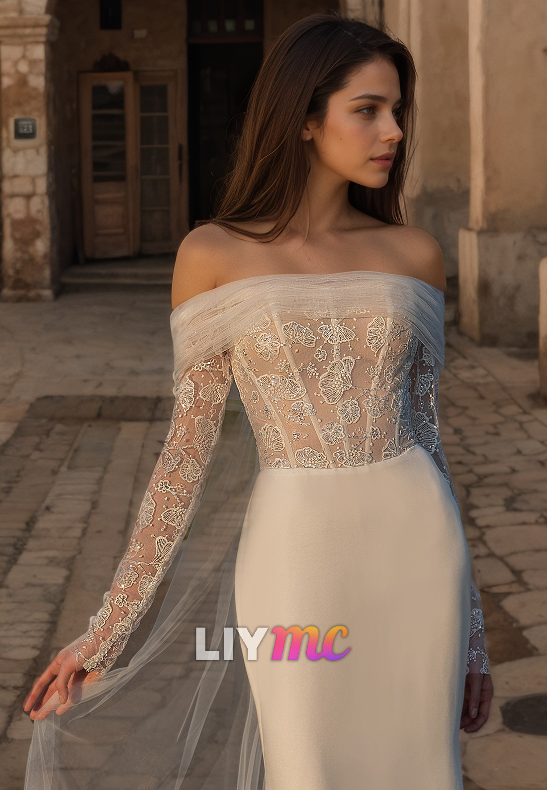 LW091 - Mermaid/Trumpet Off Shoulder Long Sleeves Lace Satin Long Wedding Dress