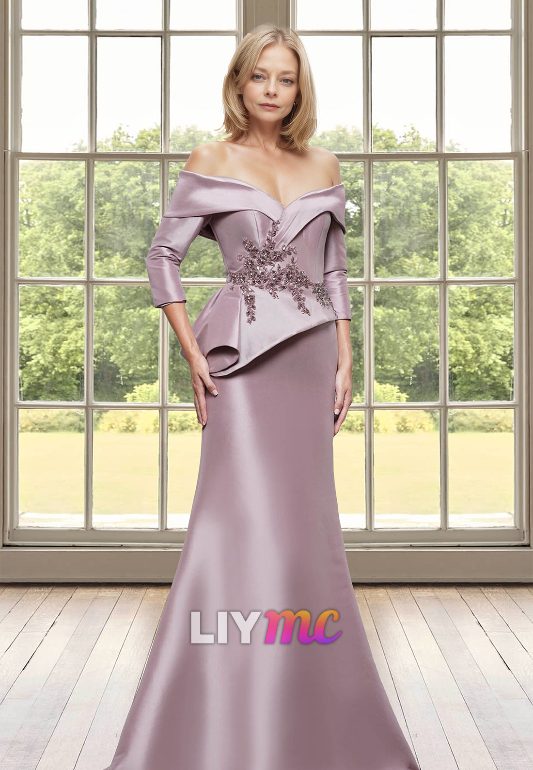 Off-Shoulder Long Sleeves Appliques Ruffled Mermaid Satin Mother of Bride Dress