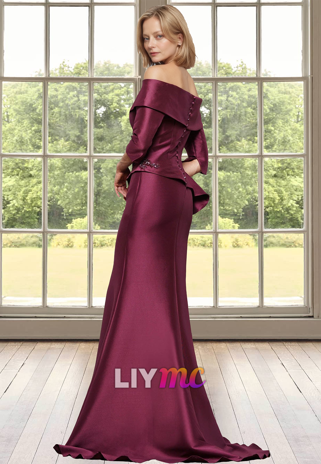 Off-Shoulder Long Sleeves Appliques Ruffled Mermaid Satin Mother of Bride Dress