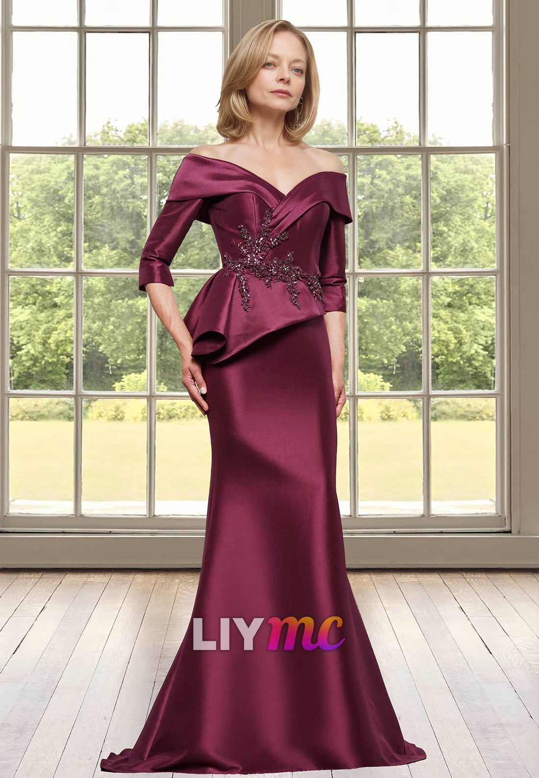 Off-Shoulder Long Sleeves Appliques Ruffled Mermaid Satin Mother of Bride Dress