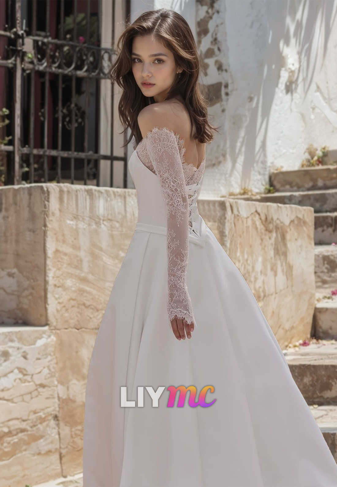 Off-Shoulder Long Sleeves Appliques Satin A-Line Wedding Dress