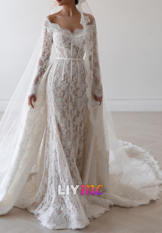 Off-Shoulder Long Sleeves Appliques Sheath Wedding Dress