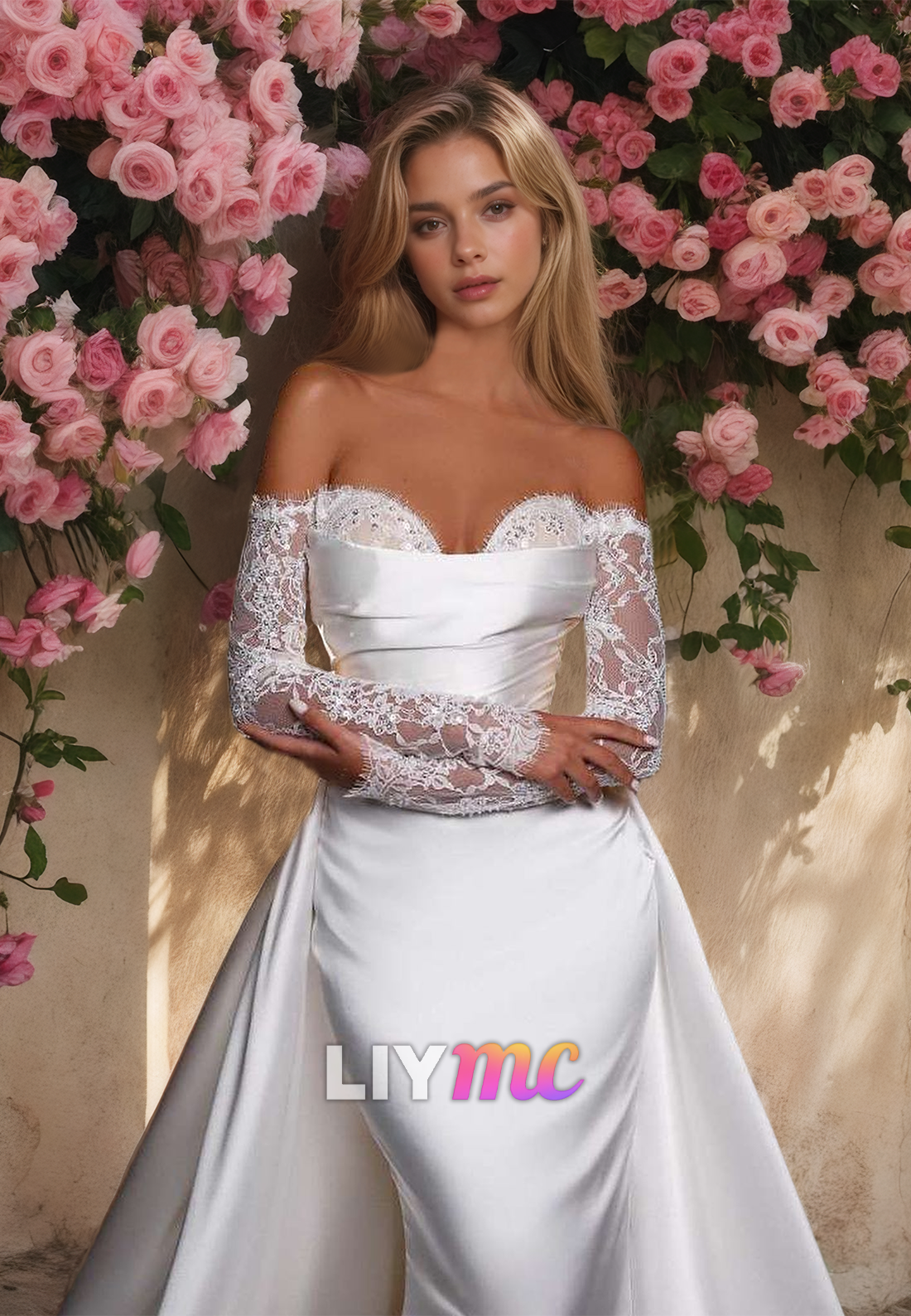 Off-Shoulder Long Sleeves Appliques Sleek Mermaid Wedding Dress