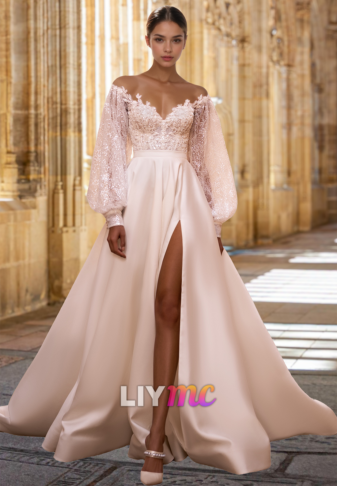 Off-Shoulder Long Sleeves Appliques Sparkly A-Line Wedding Dress