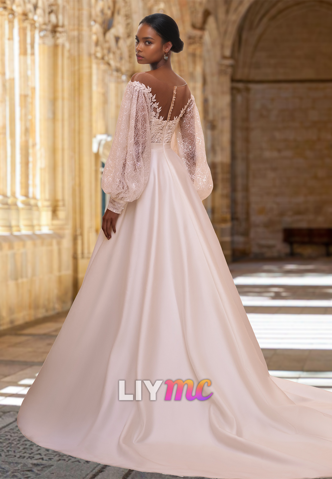 Off-Shoulder Long Sleeves Appliques Sparkly A-Line Wedding Dress