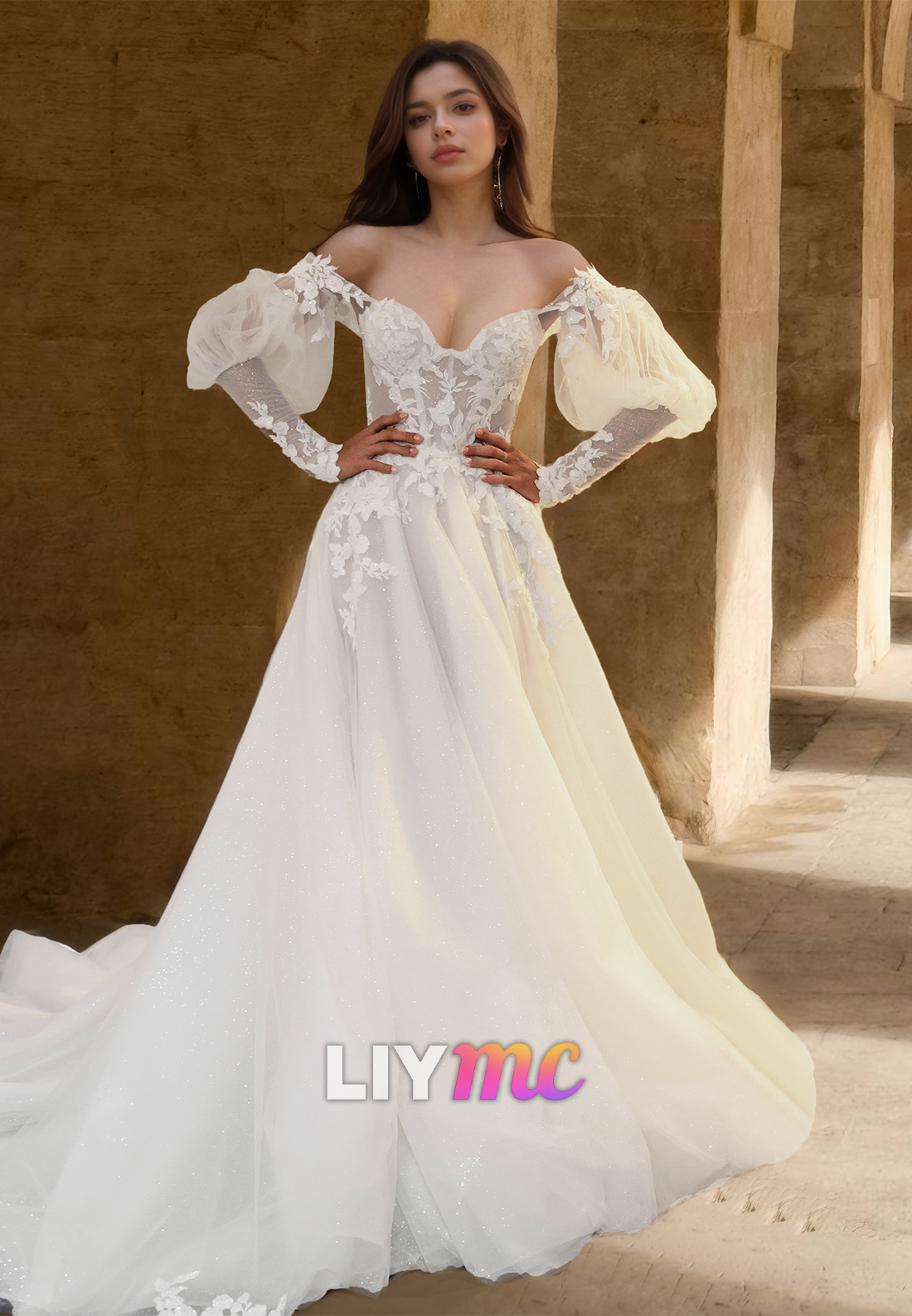 Off-Shoulder Long Sleeves Appliques Tulle A-Line Wedding Dress