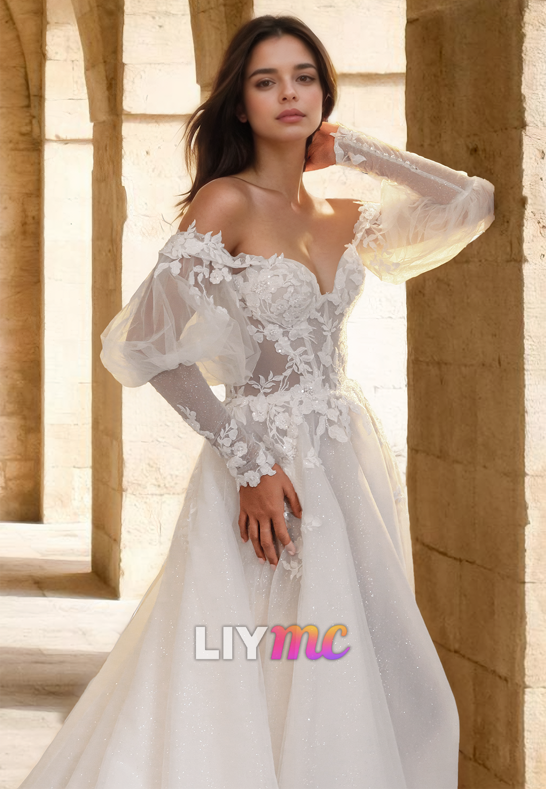 Off-Shoulder Long Sleeves Appliques Tulle A-Line Wedding Dress