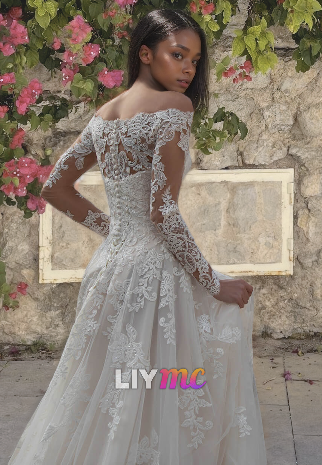 Off-Shoulder Long Sleeves Appliques Tulle A-Line Wedding Dress