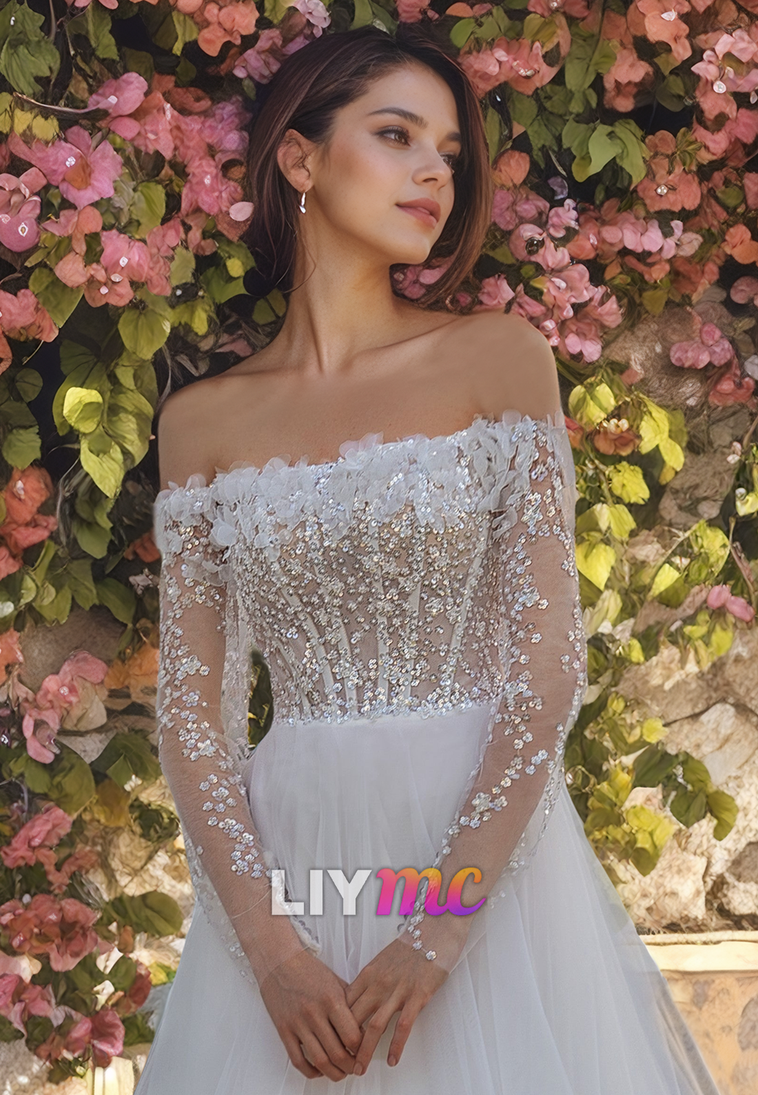 LW090 - A Line Off Shoulder Long Sleeves Appliqued Sequins Tulle Long Wedding Dress
