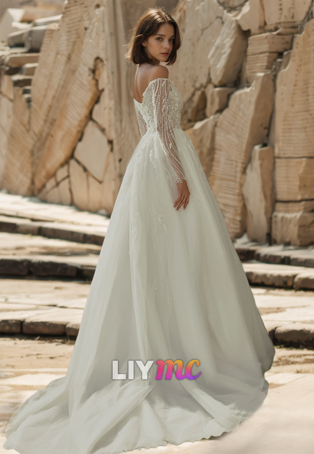 Off-Shoulder Long Sleeves Appliques Tulle Ball Gown Wedding Dress