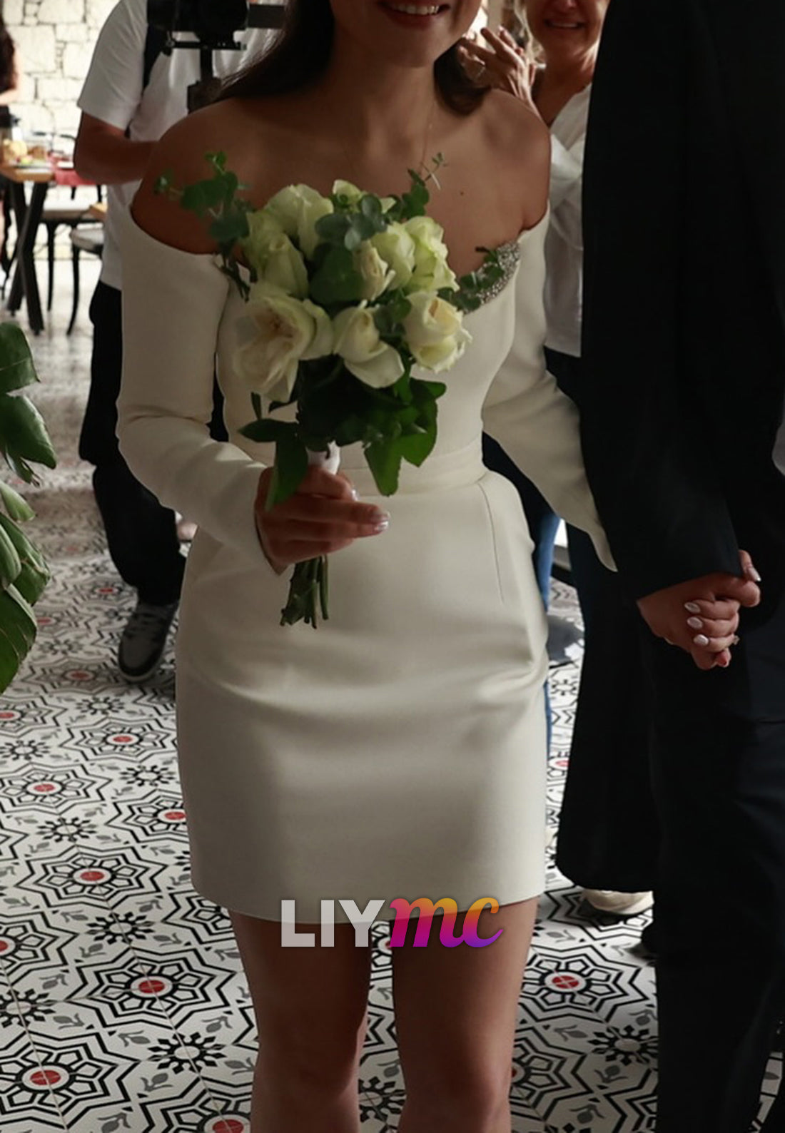 Off-Shoulder Long Sleeves Beaded A-Line Short Satin Wedding Dress