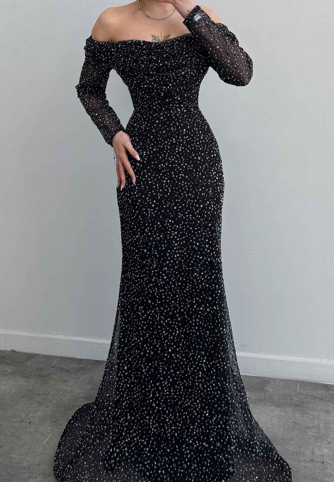 Off-Shoulder Long Sleeves Beaded Emboridery Mermaid Formal Evening Dress