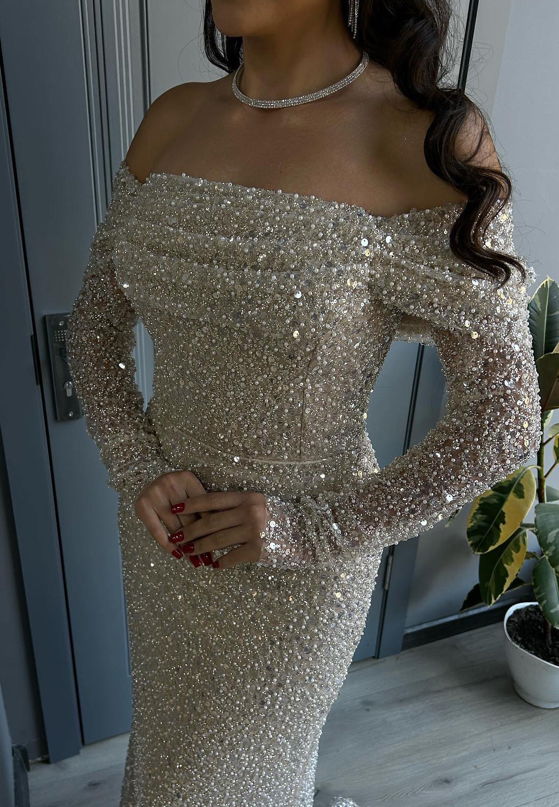Off-Shoulder Long Sleeves Beaded Emboridery Mermaid Sparkly Evening Dress
