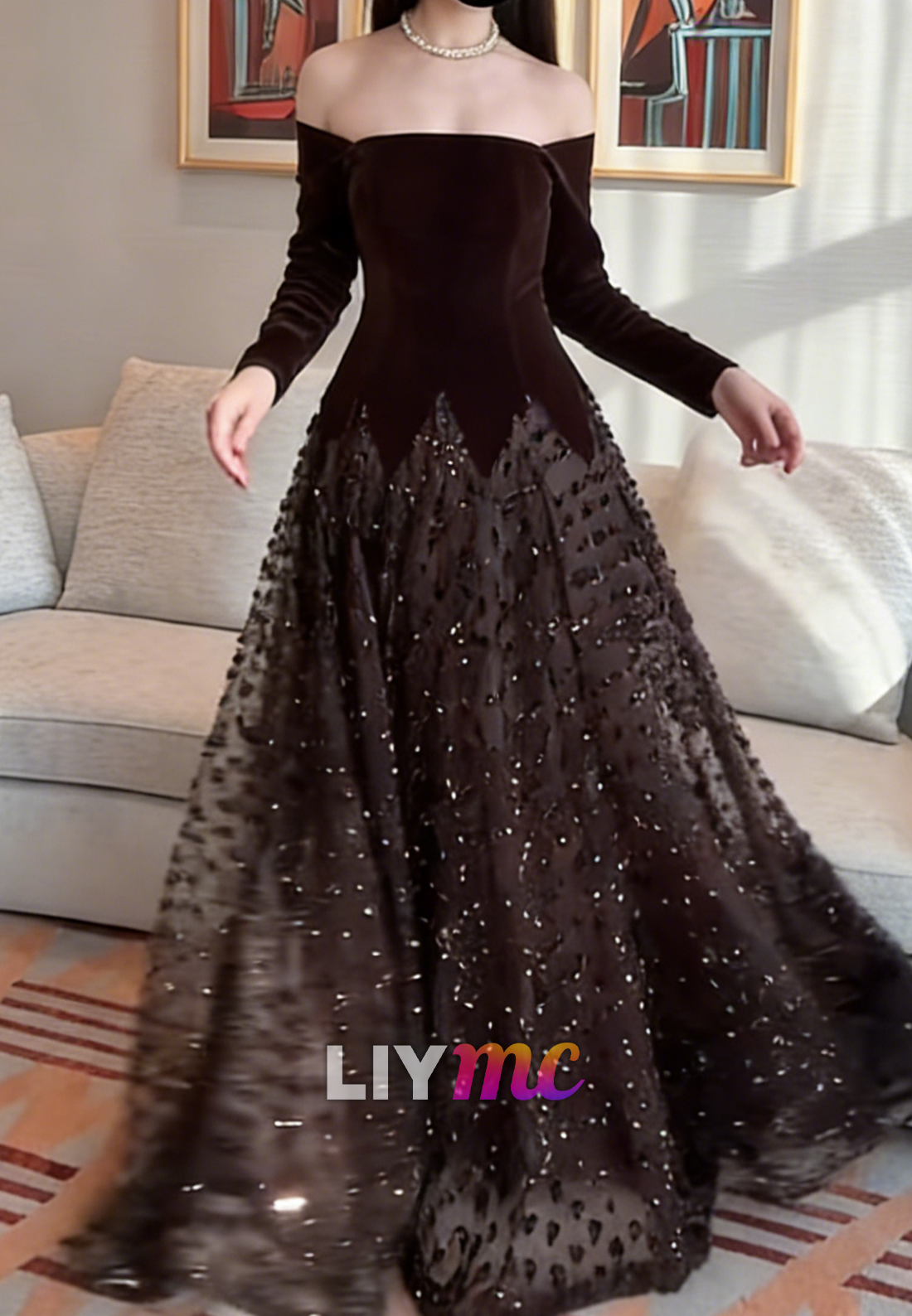 Off-Shoulder Long Sleeves Beaded Embroidery A-Line Evening Dress
