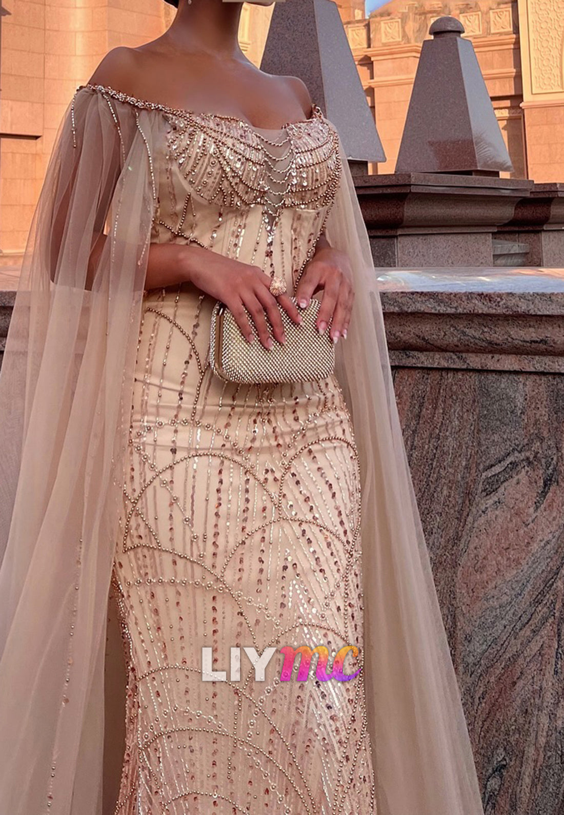 Off-Shoulder Long Sleeves Beaded Embroidery Mermaid Evening Dress