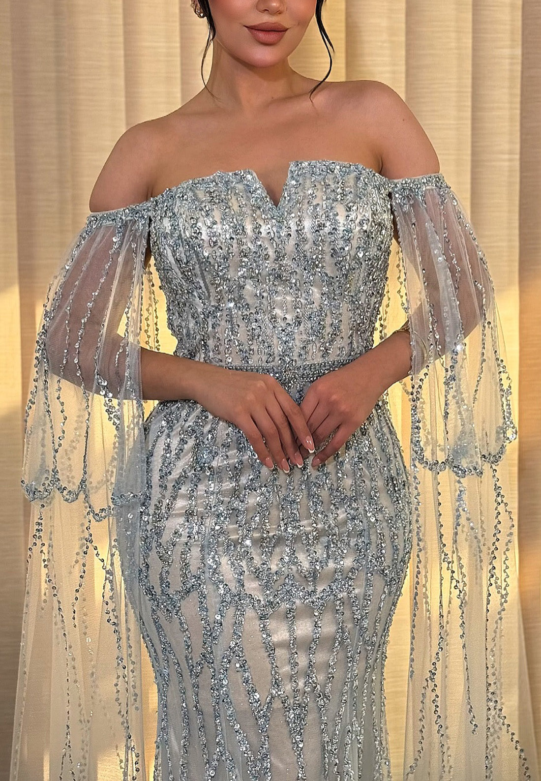 Off-Shoulder Long Sleeves Beaded Embroidery Mermaid Evening Dress