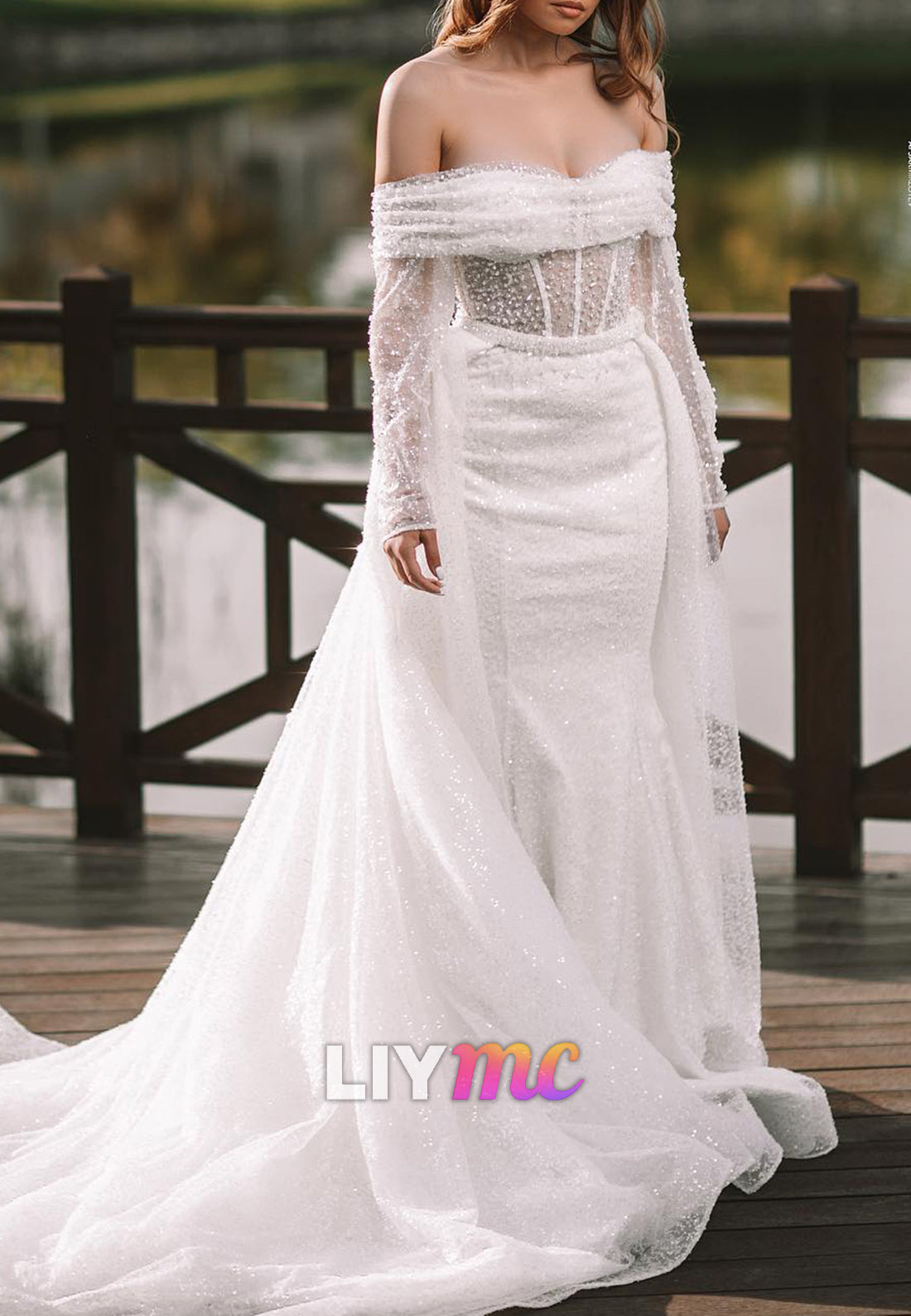 Off-Shoulder Long Sleeves Beaded Embroidery Mermaid Wedding Dress