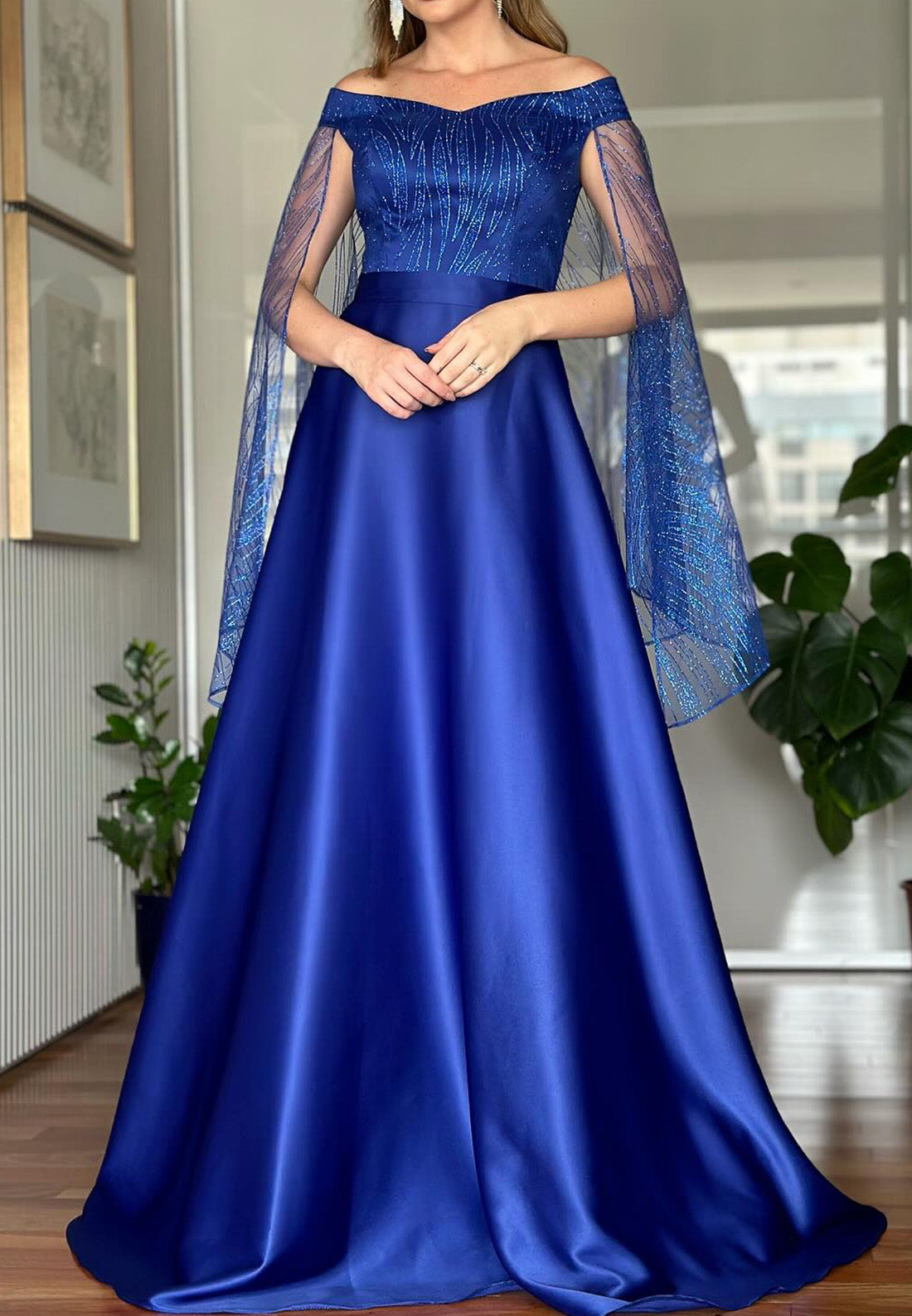 Off-Shoulder Long Sleeves Beaded Embroidery Satin A-Line Mother of Bride Dress