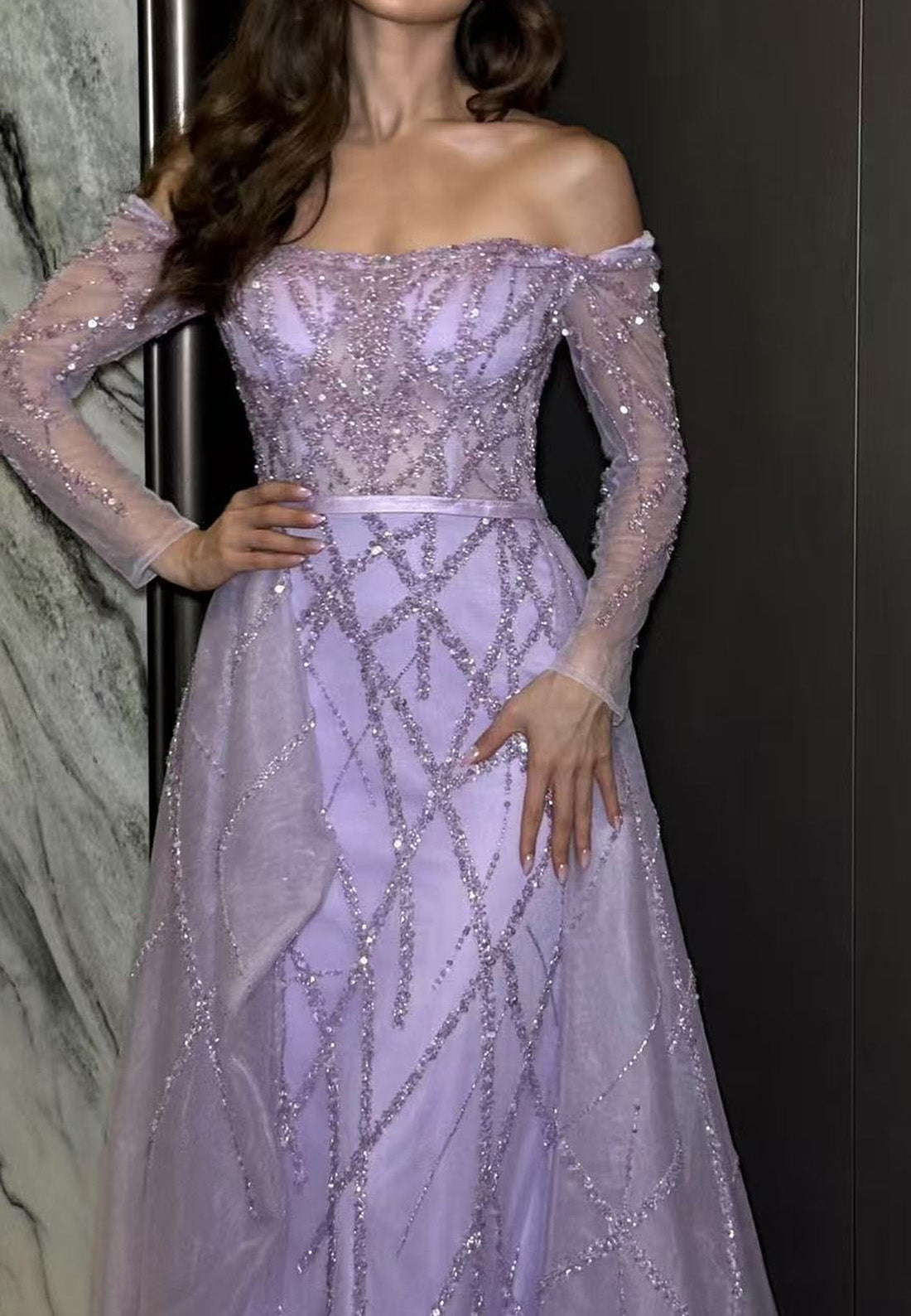 Off-Shoulder Long Sleeves Beaded Embroidery Sheath Prom Dress