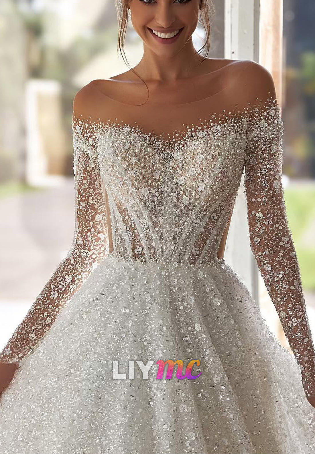 Off-Shoulder Long Sleeves Beaded Embroidery Sparkly Bridal Gown