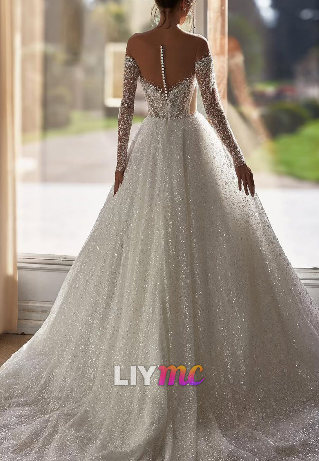 Off-Shoulder Long Sleeves Beaded Embroidery Sparkly Bridal Gown