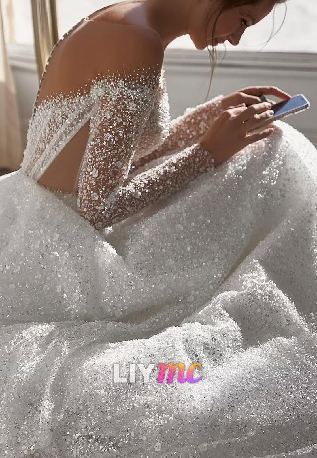 Off-Shoulder Long Sleeves Beaded Embroidery Sparkly Bridal Gown