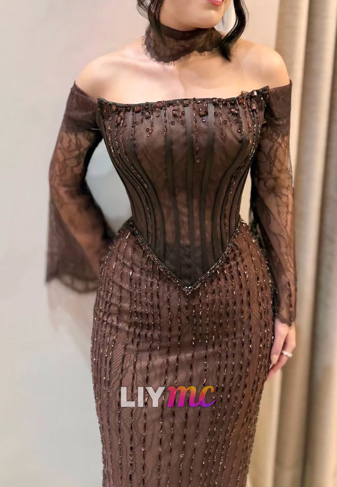 Off-Shoulder Long Sleeves Beaded Lace Appliques Mermaid Evening Dress