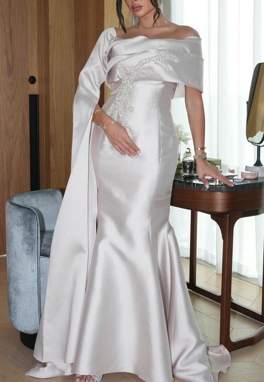 Off-Shoulder Long Sleeves Beaded Mermaid Evening Dress