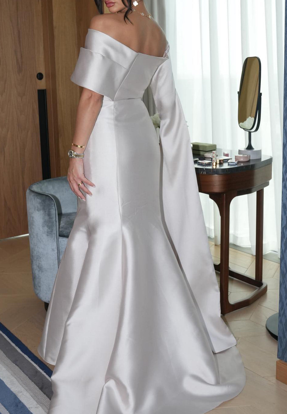 Off-Shoulder Long Sleeves Beaded Mermaid Evening Dress