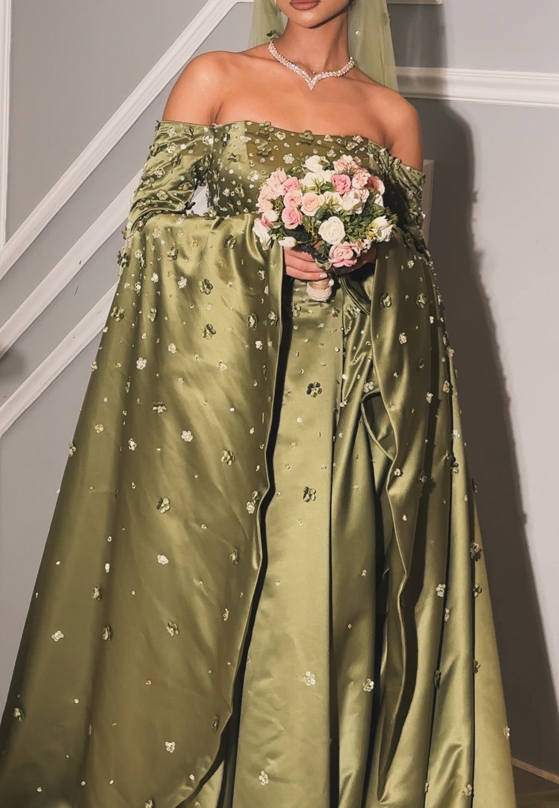 Off-Shoulder Long Sleeves Beaded Pleated A-Line Evening Dress