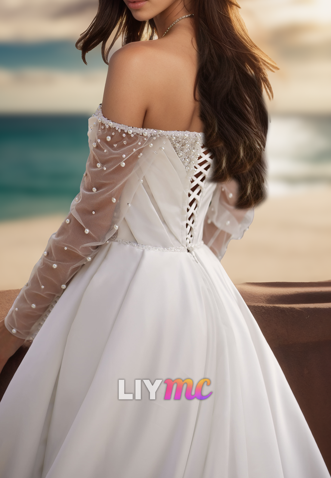 Off-Shoulder Long Sleeves Beaded Pleated A-Line Wedding Dress