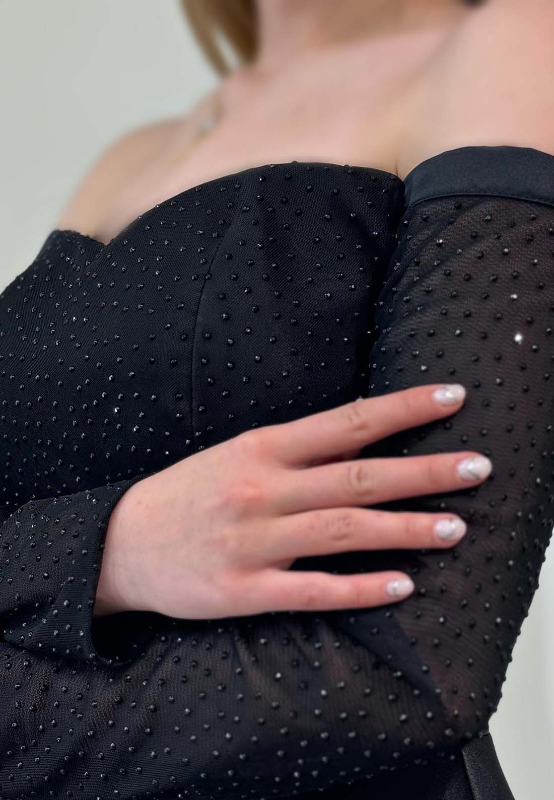 Off-Shoulder Long Sleeves Beaded Pleated Satin A-Line Formal Dress