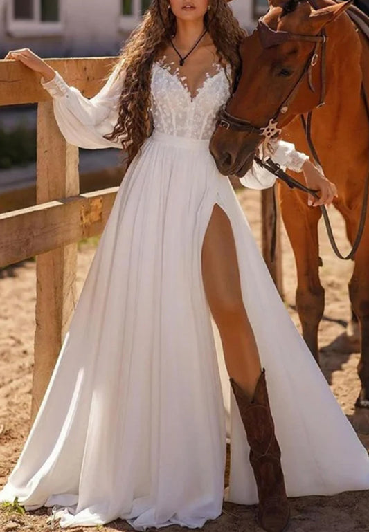 Off-Shoulder Long Sleeves Chiffon Appliques A-Line Wedding Dress