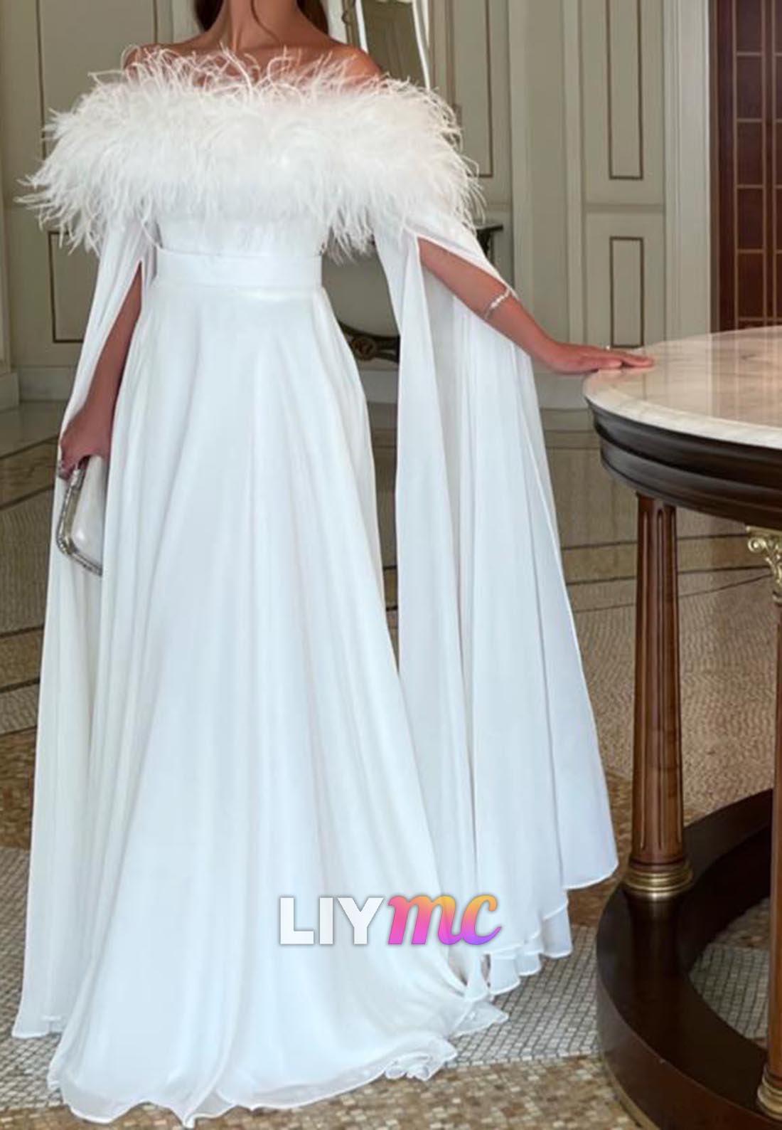 Off-Shoulder Long Sleeves Feathered A-Line Evening Dress