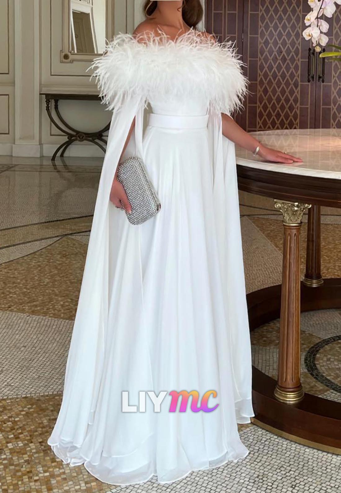 Off-Shoulder Long Sleeves Feathered A-Line Evening Dress