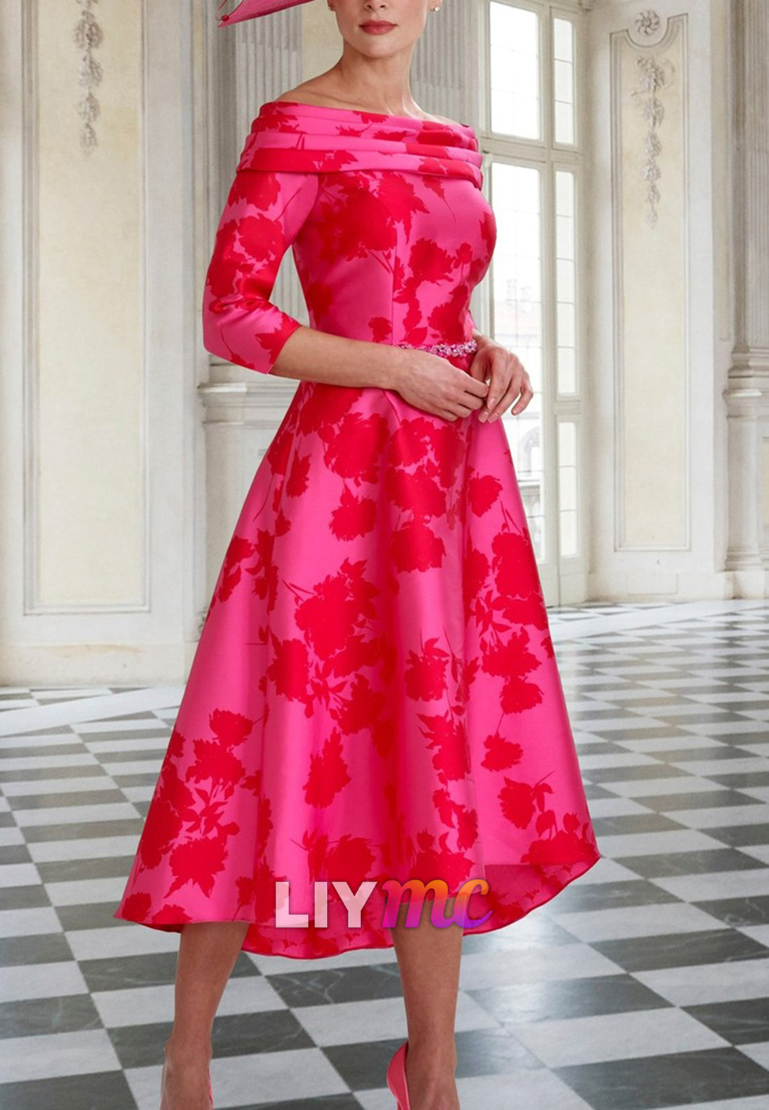 Off-Shoulder Long Sleeves Floral Printed Satin A-Line Mother of Bride Dress
