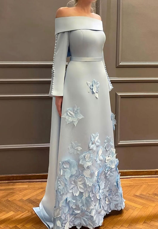 Off-Shoulder Long Sleeves Floral A-Line Mother of Bride Dress