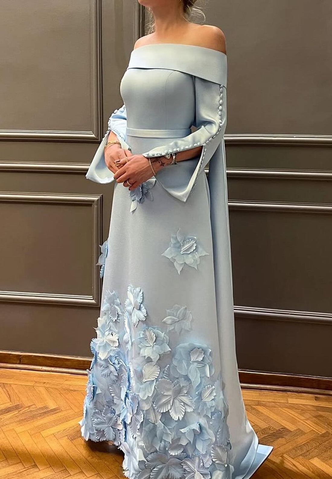 Off-Shoulder Long Sleeves Floral A-Line Mother of Bride Dress