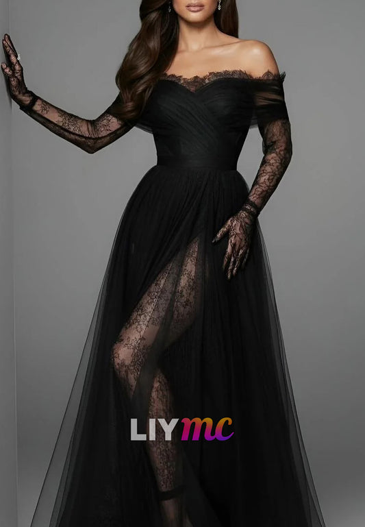 Off-Shoulder Long Sleeves Lace Appliques A-Line Evening Dress