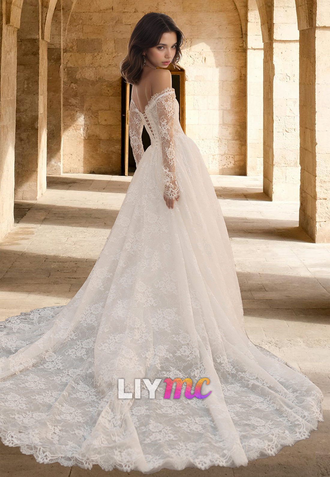 Off-Shoulder Long Sleeves Lace Appliques A-Line Wedding Dress